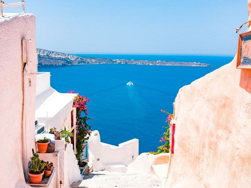 White houses above the blue Aegean on Santorini